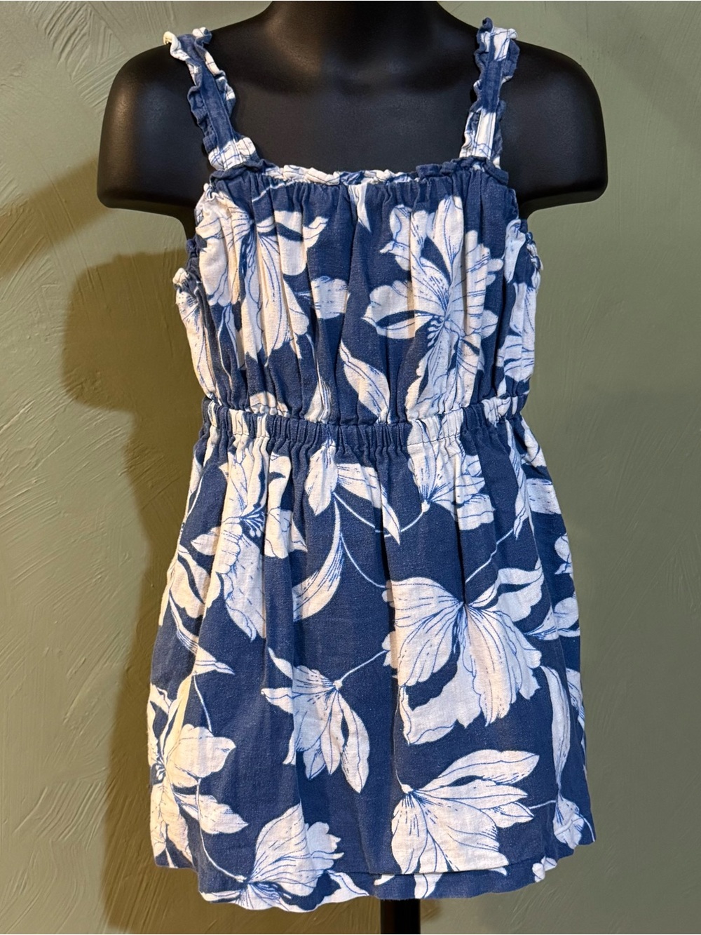 babyGap Toddler Girls Blue/White Floral Linen-Blend Smocked Tank Dress Size 4T